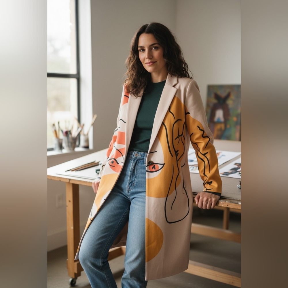 Stylish Women's Graphic Coat - Multicolor